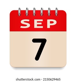 7 day of the month. September. Flip old formal calendar. 3d daily icon. Date. Week Sunday, Monday, Tuesday, Wednesday, Thursday, Friday, Saturday. Cut paper. White background. Vector illustration.