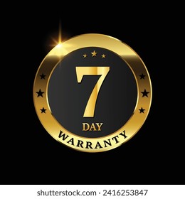 7 day warranty logo with golden shield and golden ribbon.Vector illustration.