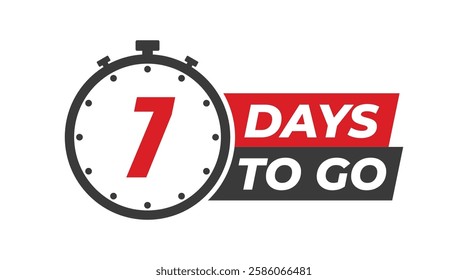 7 days to go badges symbol. Countdown of days. Offer timer, sticker limited to a few days. Seven days left to go. Vector illustration