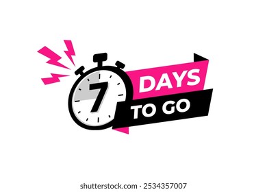 7 days to go banner label, countdown timer sticker vector illustration with stopwatch