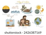 7 days of God's creation, boho silhouette, christian illustration, kids bible vector