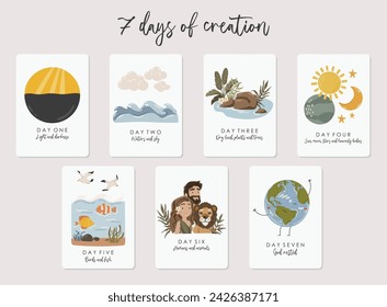 7 days of God's creation, boho silhouette, christian illustration, kids bible vector