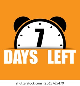 7 days left icon. Countdown clock symbol. Bold number seven text. Bright orange background.