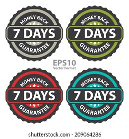 7 Days Money Back Guarantee on Vintage, Retro Sticker, Badge, Icon, Stamp Isolated on White, Vector Format