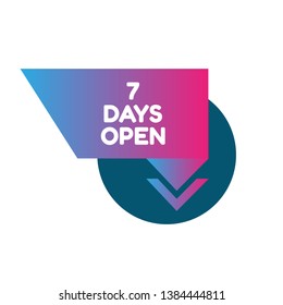 7 days open, emblem, label, badge,sticker. 7 days open paper origami speech bubble. 
