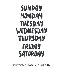 7 días de la semana. Cartas dibujadas a mano para planificadores, horarios, calendarios semanales. Ilustración vectorial.