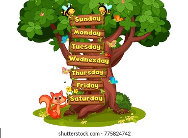 7 Days Of The Week Written On Wooden Planks Hold By Honey Bees Cartoon Vector Illustration