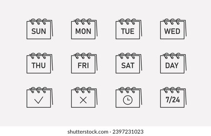 7 Days of weeks calendar line icons set. Organizer, planner, notes symbols. Vector