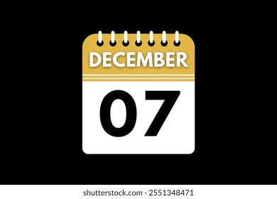 Diseño web mensual de la página de texto del icono del calendario del 7 de diciembre en el Vector, el icono o la ilustración de fondo dorado, negro y blanco con el mes del 7 de diciembre