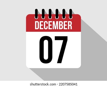 7 December Calendar Vector Icon. Red December Date For The Days Of The Month