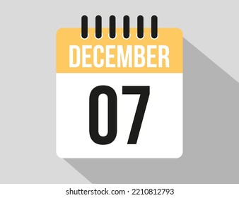 7 December calendar vector icon. Yellow december date for the days of the month and week