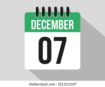 icono vectorial del calendario 7 de diciembre. Fecha de diciembre verde para los días del mes y la semana