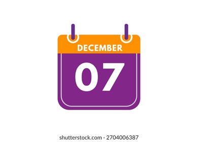 7 December month single day vector, illustration, calendar with orange, purple, ash and white color background calendar icon of December 7