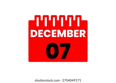 7 Diciembre mes Vector de un solo día, ilustración, calendario con rojo, negro y blanco color de fondo icono de calendario de diciembre 7