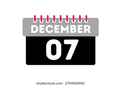 7 Diciembre mes Vector de un solo día, ilustración, calendario con ceniza, negro, rojo y blanco color de fondo icono de calendario de 7 de diciembre
