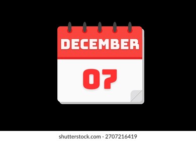 7 December month single day vector, illustration, calendar with red, off white and white color background frame calendar icon of December 7
