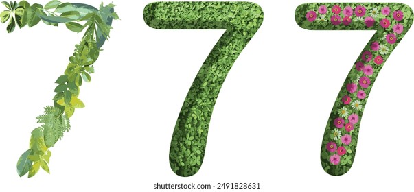 7, Design aus grünem Gras, Blättern und Blüten, geeignet für Geburtstag, Jubiläum und Gedenktag Vorlagen, Go Green Concept	

