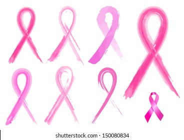 7 different breast cancer ribbons in brush strokes - vector illustration