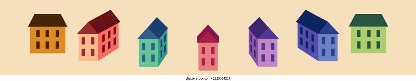7 different high-rise buildings from different angles. Paper cut style. Flat design. Hand drawn fashion illustration. Big color vector set. All elements are insulated