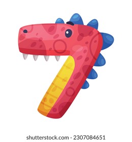 7 dino font number. Seven dino effect numeral, kids, nursery, birthday party design cartoon vector illustration