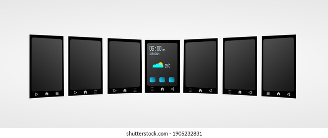 7 display of smart device such as refrigerator. One display show time, date, temperature and icon.