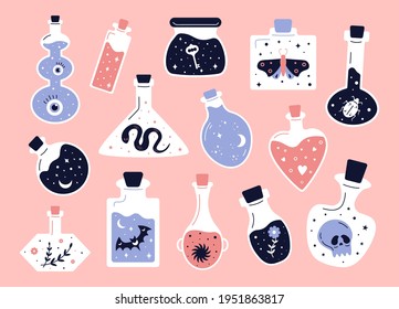 7 Doodle witchcraft. Love potions and magician occult equipment, cartoon magic shop elements. Vector set
