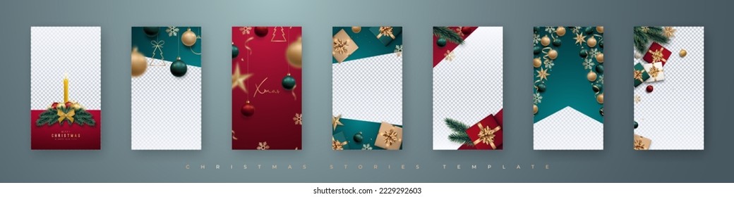 7 Editable Christmas and New Year set stories template for Social Media, Smartphone Story. Realistic gift boxes, baubles, stars and garlands. 