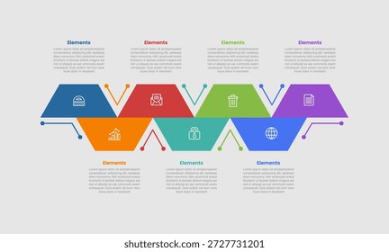 Diagrama comparativo de infografía de 7 Elementos con forma trapezoidal arriba y abajo en dirección Horizontal con estilo de línea de puntos 7 paso para el Vector de presentación de diapositivas