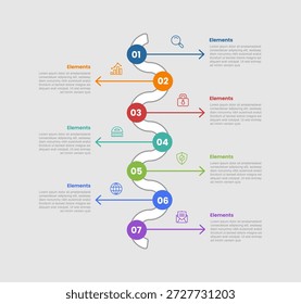 Diagrama comparativo de infografía de 7 Elementos con forma de línea de tiempo de Vertical con puntero de línea de flecha dirección opuesta con estilo de línea de puntos 7 paso para Vector de presentación de diapositivas