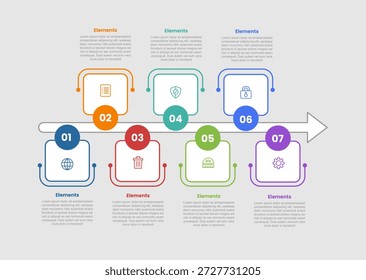 7 Elemente infographisches Vergleichsdiagramm mit rundem quadratischem Abzeichen auf langem Pfeil horizontale Linie nach oben und unten mit Punktlinienstil 7 Schritt für Dia-Präsentationsvektor