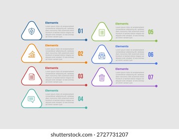 Diagrama de comparação infográfico de 7 elementos com emblema de triângulo redondo com divisor de linha longa na parte inferior com estilo de linha de ponto 7 etapa para vetor de apresentação de slide