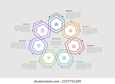 7 elements infographic comparison diagram with creative hexagon shape on cycle circular with dot line style 7 step for slide presentation vector
