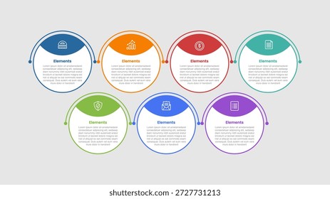 Diagrama de comparação infográfico de 7 elementos com círculo grande com corte de metade da fatia no topo com estilo de linha de ponto 7 etapa para vetor de apresentação de slide