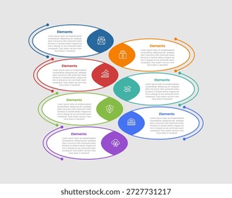 Diagrama comparativo de infografía de 7 Elementos con caja de contenedor redonda elipse Vertical apilada en dirección opuesta con estilo de línea de puntos Paso 7 para Vector de presentación de diapositivas