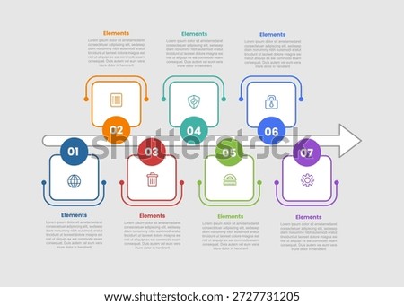 7 elements infographic comparison diagram with round square badge on long arrow horizontal line up and down with dot line style 7 step for slide presentation vector