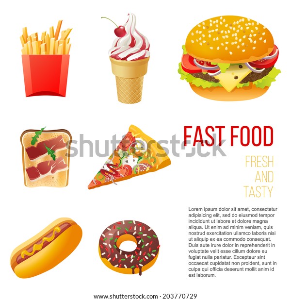 7 fast food icons over white background