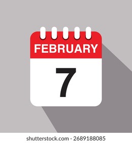 ícone de data do calendário de 7 de fevereiro. ilustração vetorial com design de sombra, dia da rosa
