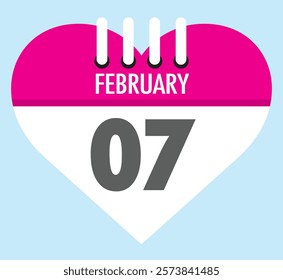 7 February calendar icon heart shape on light sky blue color background, calendar vector symbol for the month of February.