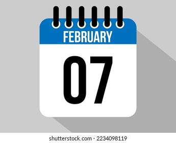 7 february calendar vector icon. Blue february date for the days of the month and the week on a light background