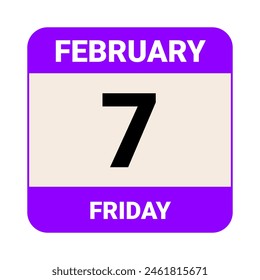 7 de febrero, viernes. Plantilla de fecha. Diseño útil para la promoción de calendario o evento. Archivo EPS 10 de Ilustración vectorial. Aislado sobre fondo blanco. 