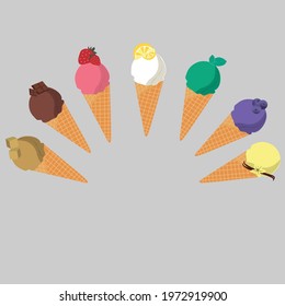 7 flavors of Ice cream such as caramel, chocolate, strawberry, lemon, mint, blueberry and vanilla.