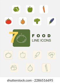 7 food line icons. Colored and colorless.