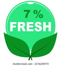 7% fresh fruits vector art illustration sign symbol in green round shape with leaves business stamp isolated on white background