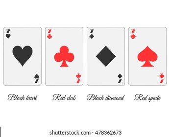 7 game cards suit other colors. Black hearts and diamonds, red spades and clubs. Vector illustration.