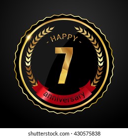 7 golden anniversary logo with red ribbon, low poly design number