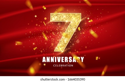 7 Golden glitter numbers and Anniversary Celebration text with golden confetti on red background. Seventh anniversary celebration event vector template.