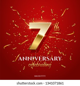 7 golden number and Anniversary Celebrating text with golden serpentine and confetti on red background. Vector seventh anniversary celebration event square template