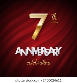 7 golden number, Anniversary white paper text and Celebrating word made of golden ribbons on red curtain background. Vector seventh anniversary celebration event square template.