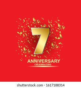 7 golden numbers and Anniversary Celebrating text with golden serpentine and confetti on red background. Vector twentieth anniversary celebration event square template