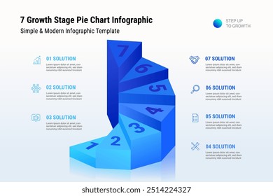 Gráfico de Pizza de 7 Estágio de Crescimento Infográfico, negócio moderno azul chave fatores de sucesso diagrama 3d pódio